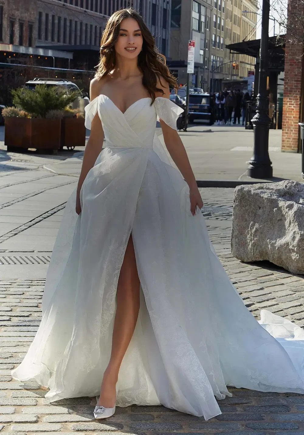 Model wearing an Morilee dresses